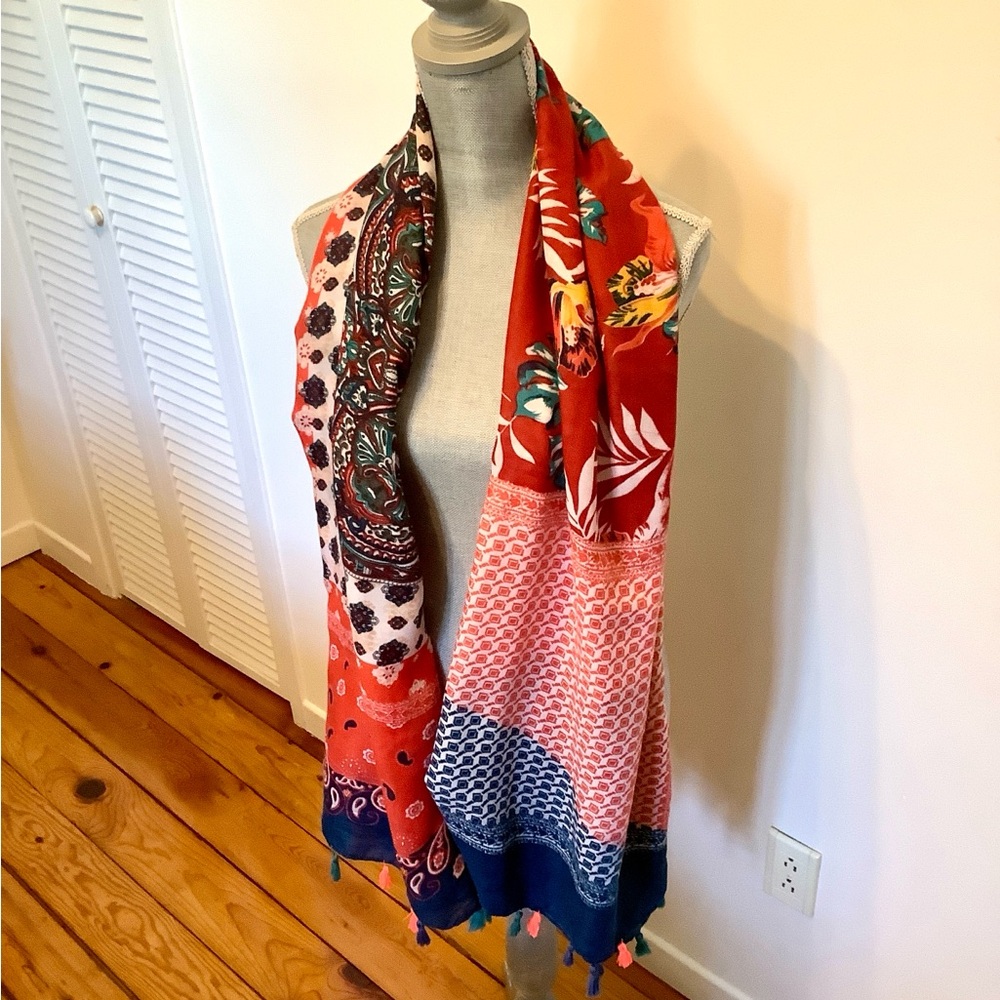 Onyx Blue and Red Paisley Scarf or Coverups